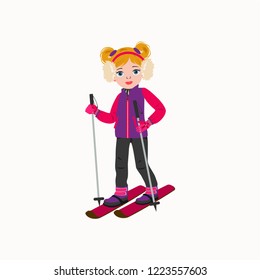 Vector illustration of a cute little girl whith skis in hands. Skiing is winter sports.