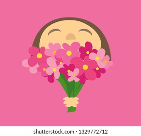 Vector illustration of cute little girl holding bouqet flowers as a gift on mothers day isolated on pink background