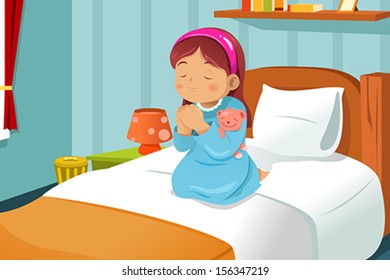 A vector illustration cute little girl praying before going to bed