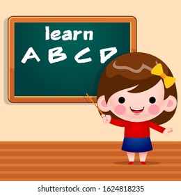 Vector Illustration Cute Little Girl Teaching Alphabet Standing In Front Of Chalk Board With A Pointer