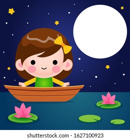 Vector Illustration Cute Little Girl On A Boat At Night