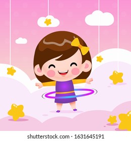 Vector Illustration Cute Little Girl Playing Hula Hoop On Cloud