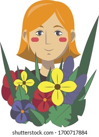 Vector illustration with a cute little girl and bright flowers. Spring is coming!