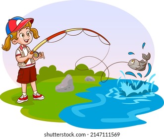 Vector Illustration of a cute little girl fishing in cartoon style