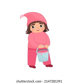 Vector illustration of a cute little girl in pink color clothes holding paints. Teaching your child basic colors.
