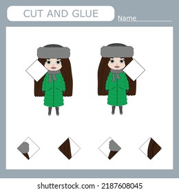 Vector illustration of an cute  little girl who needs to pick up and cut out the missing detail. Educational paper game for kids. Cutout and gluing