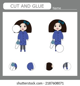 Vector illustration of an cute little girl who needs to pick up and cut out the missing detail. Educational paper game for kids. Cutout and gluing