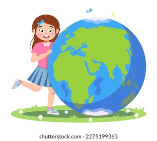 Vector illustration of a cute little girl who loves, cares for the planet. Cartoon scene of a smiling little girl hugging the planet Earth isolated on a white. Save the planet Earth. Mother Earth Day.