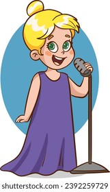 vector illustration of a Cute Little Girl Singing with Microphone