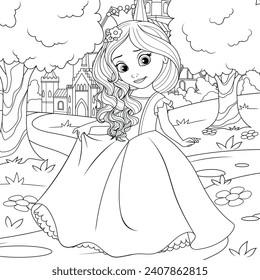 Vector illustration, cute little girl princess in a fairy tale world, coloring book.