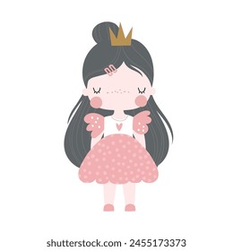 Vector illustration of a cute little girl princess. Girl in pink dress with crown. Baby girl. Queen. Miss. Lady. Isolated on a white background. Vector hand drawn illustration for children. 