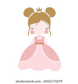 Vector illustration of a cute little girl princess. Girl in pink dress with crown. Baby girl. Queen. Miss. Lady. Isolated on a white background. Vector hand drawn illustration for children. 