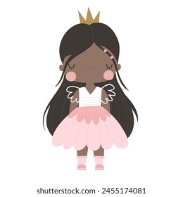 Vector illustration of a cute little girl princess. Girl in pink dress with crown. Baby girl. Queen. Miss. Lady. Isolated on a white background. Vector hand drawn illustration for children. 