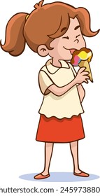 Ilustración vectorial de niña linda que se siente feliz con su helado.