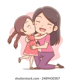 Vector illustration of cute little girl kissing mother's cheek. Happy Mother's Day.