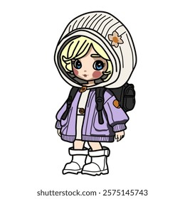 "Vector illustration of a cute little girl with blonde hair and blue eyes. She is wearing a white hoodie with a flower accent on the hood, a purple jacket, white boots, and a black backpack. The illus