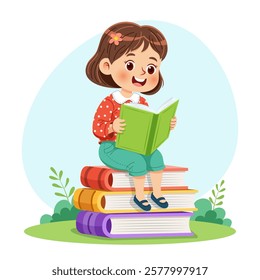 Vector illustration of cute little girl sitting and reading book on colorful stack of books, happy and cheerful expression