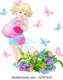 Vector illustration of a cute little girl watering flowers