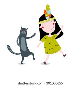 Vector illustration of a cute little girl with a cat. The girl is dancing. It can be used as a poster, postcard invitation for baby shower.