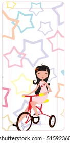 Vector Illustration of the cute little girl, riding the bicycle on the funky star background.