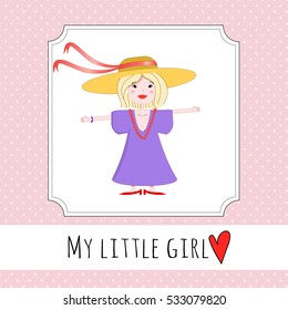 Vector illustration of a cute little girl trying on her mother's clothes birthday card