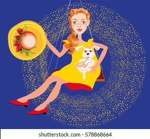 Vector illustration with a cute little girl holding a little dog and a big summer hat and swinging 