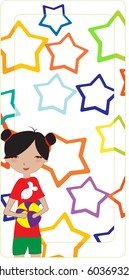 Vector Illustration of the cute little girl, holding the ball on the funky star background.
