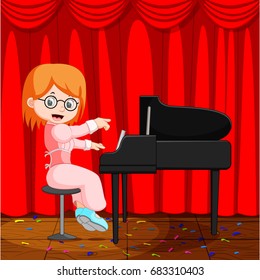 vector illustration of Cute little girl cartoon playing piano