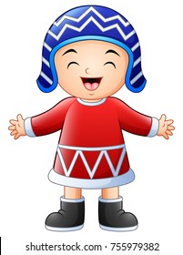 Vector illustration of Cute little girl in winter clothes waving