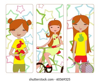 Vector Illustration of the cute little girls during different summer activities ? playing the ball, riding the bicycle, holding the tennis racket.