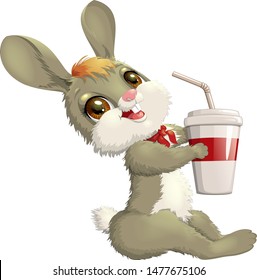Vector illustration cute little hare drinks from a glass through a straw. Clipart in cartoon style. Isolated on white background
