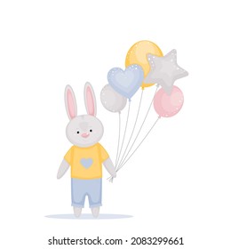 Vector illustration with cute little hare, balloons. Children greeting card, banner, advertising or poster.