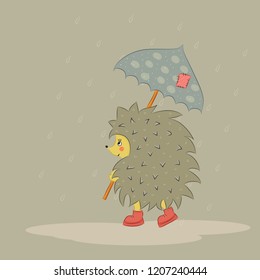Vector illustration of cute little hedgehog with an umbrella. Modern design for postcard, stationery, autumn poster print. 