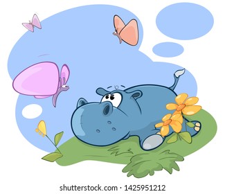 Vector Illustration  Cute Little Hippo and Butterfly Comics Book