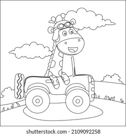 Vector illustration of cute little horse driving a car go to forest funny animal cartoon,vector illustration. Vector illustration. T-Shirt Design for children. Design elements for kids.