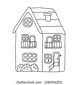 Vector illustration with cute little house in doodle style. One of a series of black and white contour houses. Drawn by hand. Illustration for children. Isolated on a white background.