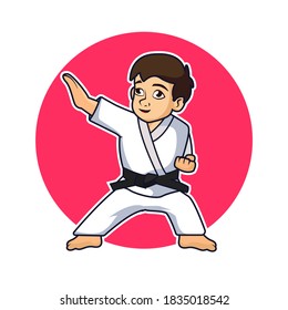 Vector illustration of Cute little karate boy in karate pose.