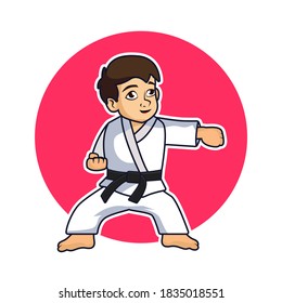 Vector illustration of Cute little karate boy in karate pose.