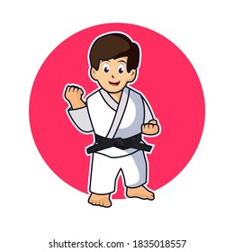 Vector illustration of Cute little karate boy in karate pose.