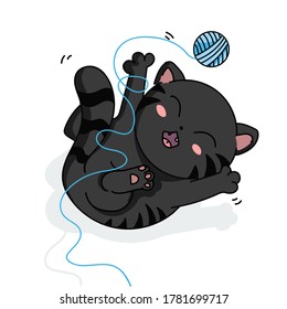 vector illustration of a cute little kawaii sticker black kitten playing with a ball of thread