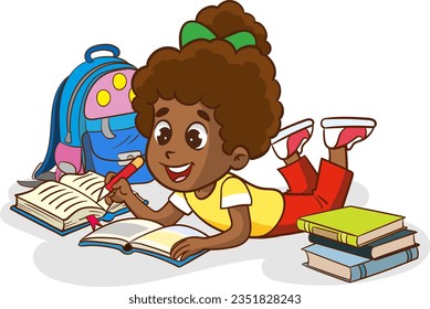 Vector illustration of cute little kid reading books