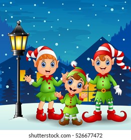 Vector illustration of Cute little kid elves with snowfall falling at night background  