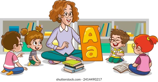  Vector illustration of cute little kids sitting on the floor and studying the alphabet with their teacher