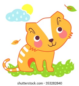 A vector illustration of cute little kitten on a meadow