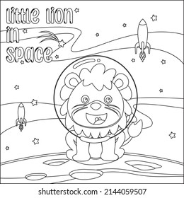 Vector illustration of cute little lion on the moon. Cartoon isolated vector illustration, Creative vector Childish design for kids activity colouring book or page.