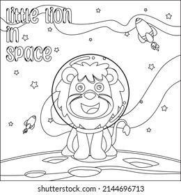 Vector illustration of cute little lion on the moon. Cartoon isolated vector illustration, Creative vector Childish design for kids activity colouring book or page.