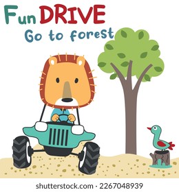 Vector illustration of cute little lion on a off road car go to forest, Can be used for t-shirt print, kids wear, invitation card. fabric, textile, nursery wallpaper, poster and other decoration.
