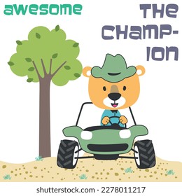 Vector illustration of cute little lion on a off road car go to forest, Can be used for t-shirt print, kids wear, invitation card. fabric, textile, nursery wallpaper, poster and other decoration.