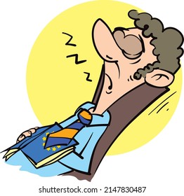 Vector illustration of a cute little man who fell asleep in an office, presentation or house while reading a book.
