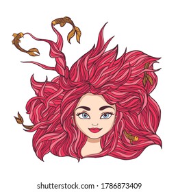 Vector illustration of cute little mefmaid face with big blue eyes and fluttering pink hair and yellow fishes in it. Smiling fairy tail creature.